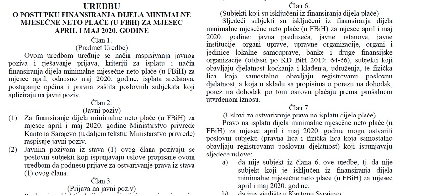 Stupila na snagu Uredba o postupku finansiranja dijela minimalne mjesečne neto plaće za april i maj 2020. godine