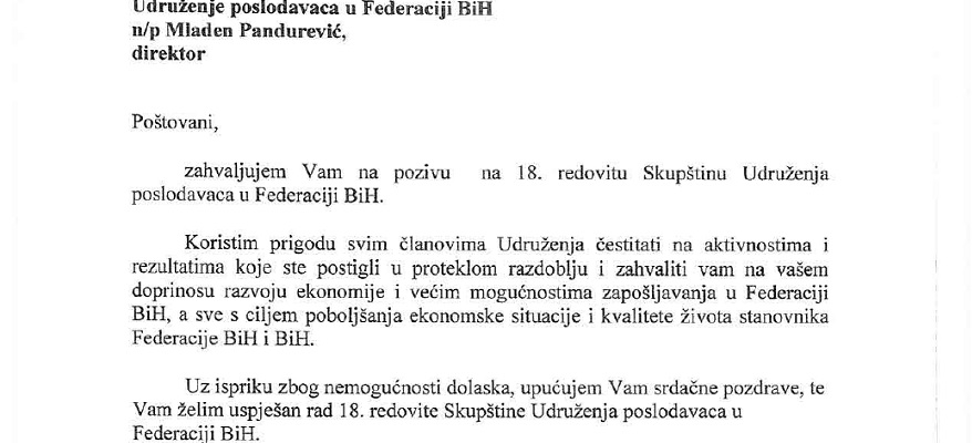 Čestitke predsjednika FBiH i potpredsjednice FBiH povodom Skupštine UPFBiH