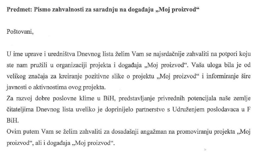 Pismo zahvalnosti Udruženju poslodavaca FBiH za saradnju na Projektu 