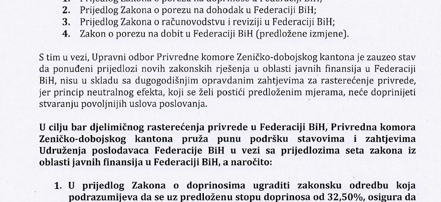 Privredna komora ZDK podržala stavove i zahtjeve UPFBiH u vezi sa prijedlozima seta zakona iz oblasti javnih finansija