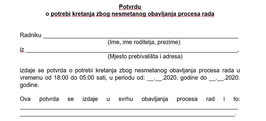 Potvrda o potrebi kretanja zbog nesmetanog obavljanja procesa rada