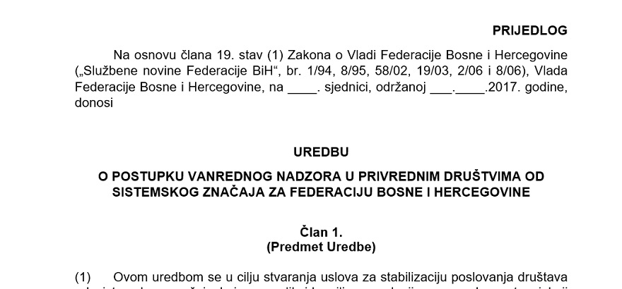 Uredba o postupku vanrednog nadzora u privrednim društvima od sistemskog  značaja za FBiH sa primjedbama Udruženja poslodavaca FBiH