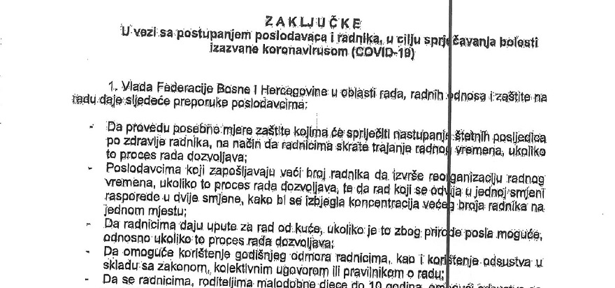 Zaključci Vlade FBiH u vezi sa postupanjem poslodavaca i radnika u cilju spriječavanja bolesti izazvane koronavirusom
