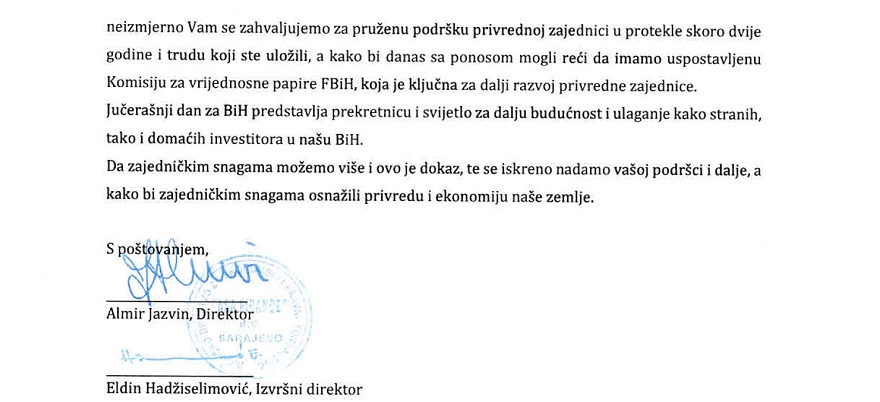ASA grupacija zahvalila UPFBiH na uloženom trudu za deblokiranje Komisije za vrijednosne papire