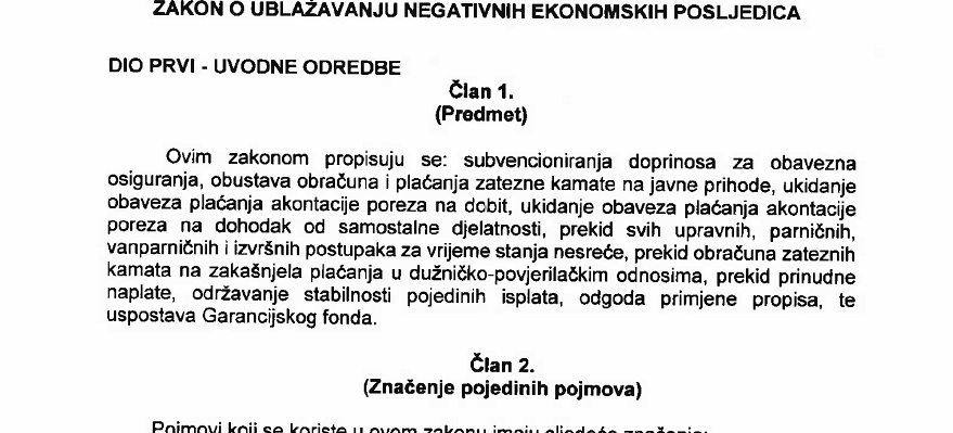 Konačan Prijedlog zakona o oblažavanju negativnih ekonomskih posljedica